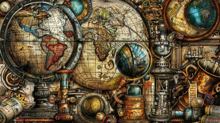 Obraz premium A painting depicting a collection of diverse globes, showcasing different continents, countries, and geographical features in vivid detail