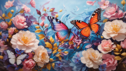 butterflies on a background of flowers