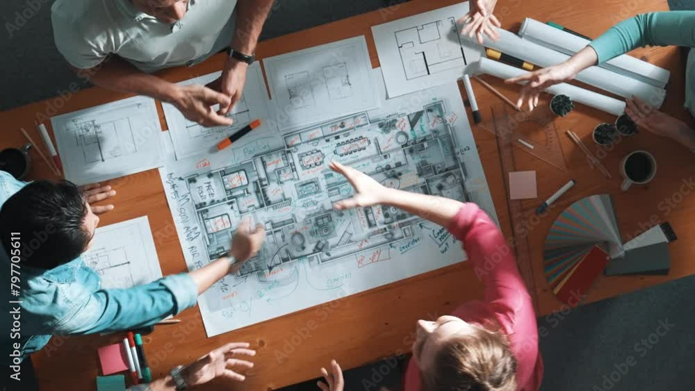 Aufkleber top view of skilled civil engineer team shaking hand while discussing idea at meeting table with col