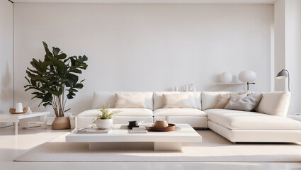  living room with a large white sectional sofa, a white coffee table, and several plants
