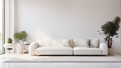  living room with a large white sectional sofa, a white coffee table, and several plants