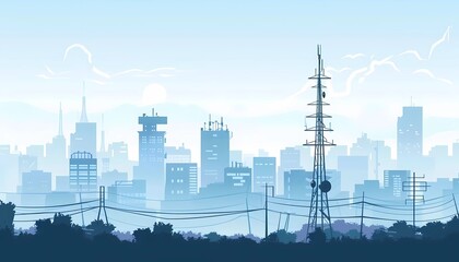 Illustration of silhouette Urban skyline with telecommunications towers and factories at sunrise, concept of modern city infrastructure and network communication
