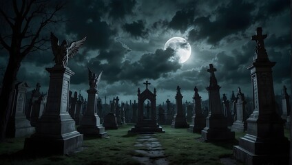 A gothic-style graveyard with dramatic angel statues, dark clouds overhead, and an ominous full moon ai_generated