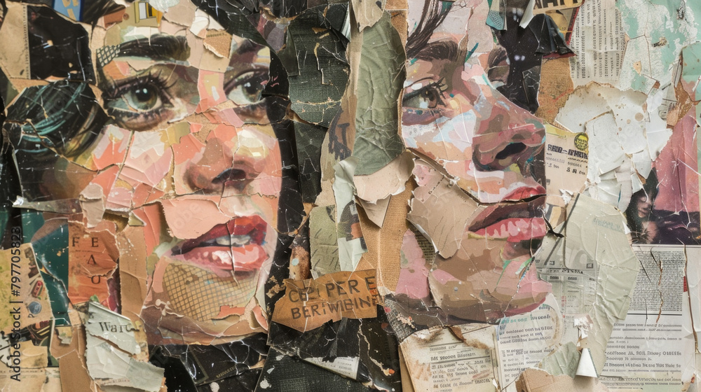 Poster a collage featuring a womans face surrounded by torn paper, creating a dynamic and textured composit