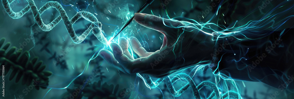 Poster a hand interacts with a glowing dna helix amidst a dynamic backdrop of scientific elements