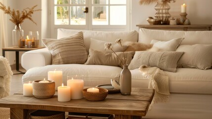 Fototapeta na wymiar Warm and Simple Beige Living Room in Modern Home
