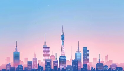 Illustration Urban skyline with telecommunications towers and factories at sunrise, concept of modern city infrastructure and network communication