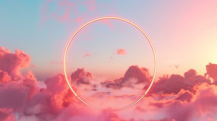 rose gold metallic big very thin circle frame with a coral color cloud inside the ring, blue pink gradient sky