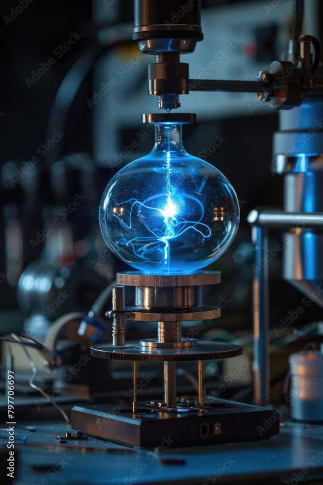 Poster a glass ball containing a glowing blue light source, creating a luminous effect within the transpare