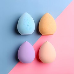 easter eggs in a row, Colored cosmetic beauty blender sponges Green violet pink rainbow colored sponges different shape, Make Up Egg Make Up Sponge Puff Make Up Egg Tool Gray Background Horizontal

