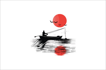 Fishing Silhouette Vector illustration, Silhouette of fishing rod set of fishing silhouette.