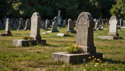 A historic graveyard during a sunny day, showing detailed gravestones from the 18th century and blooming wildflowers ai_generated