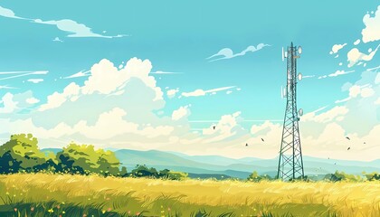 Rural landscape illustration with vibrant rice field, traditional house, telecommunication tower, and mountains, concept of technology in agriculture