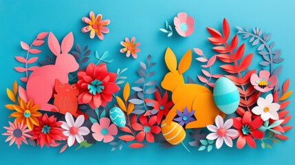 Fototapeta na wymiar Vibrant Easter Greeting Card Border with Paper Cut Design