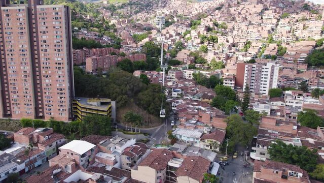 Medellin's urban blend: high-rises and Comuna 13 with Metrocable in view
