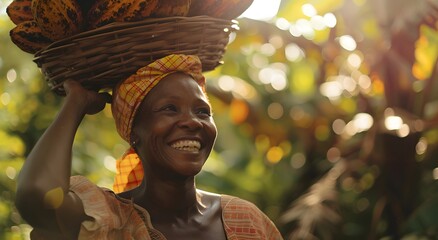 black woman smiling, collecting cocoa beans fresh in the forest, elephants in the background, label, chocolate business card, raw cocoa, Ivory Coast, Africa