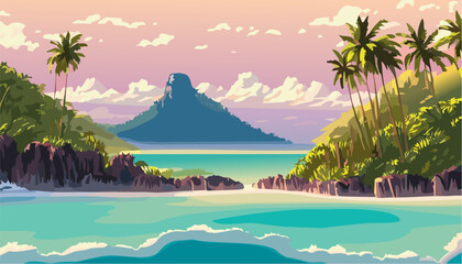 Fototapeta na wymiar Landscape tropical island and beach with palm trees