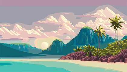 Fototapeta na wymiar Landscape tropical island and beach with palm trees