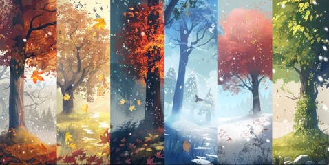 Seasonal forest landscape showcasing transformation through spring, summer, autumn, and winter. Weather and seasons change.