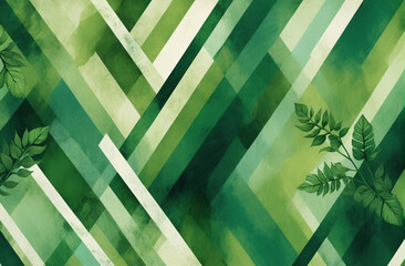 abstract background with green geometric stripes and nature elements