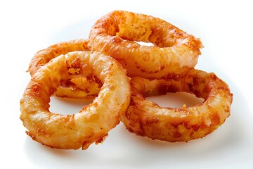 A pile of fried onion rings on a white surface with a white background and a few pieces of fried