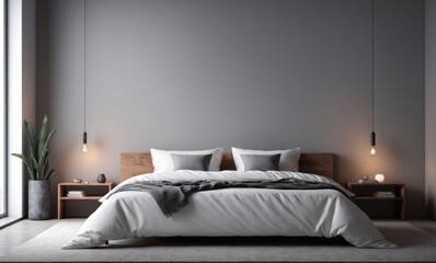 A minimalist bedroom with a simple white bed and gray walls