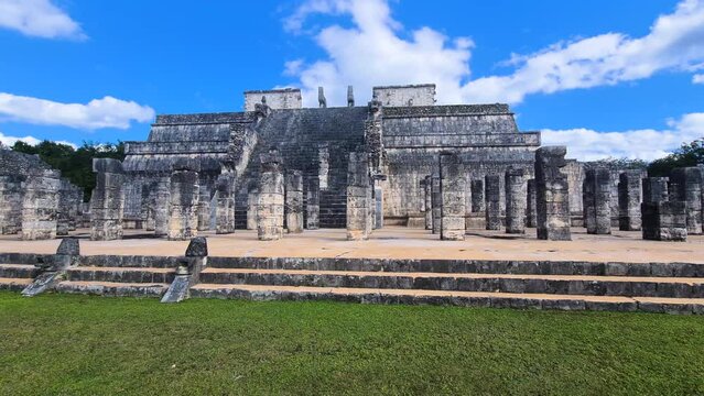 Warriors Temple in Chichen Itza Complex, Yucatan, Mexico. Stone Columns on Sunny Day, Panorama