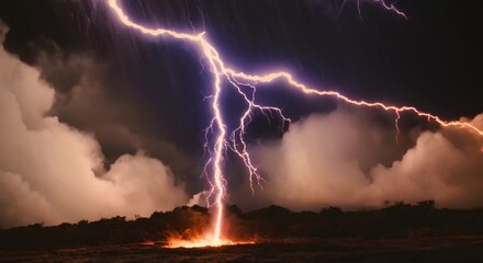 Natural phenomenon of lightning flashing light Lightning strikes the ground and trees from heavy rain and thunderstorms and hurricane - Powered by Adobe