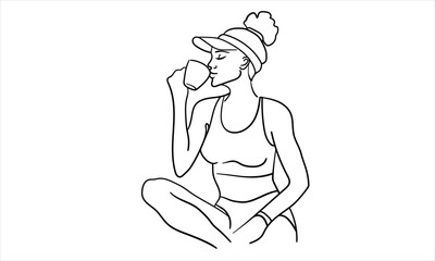 Sport girl drink isolated on white background. Morning energy line art drawing. Vector illustration