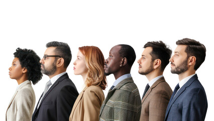 A group of men and women in suits stand in a line