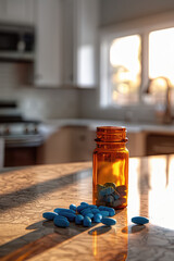 An AI Generated bottle of blue pills spilled onto kitchen counter
