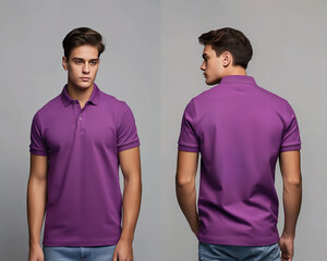 Front and back views of a man wearing a purple polo shirt mockup template