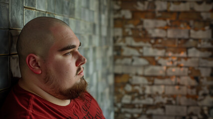 Obraz premium Masculine chubby guy with beard looks thoughtful against blurred background of tiled and brick walls. Male concept for motivational dietary and philosophical quotes and thoughts