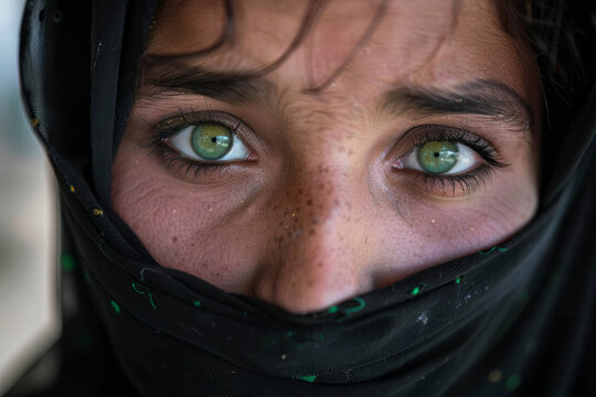 Afghanistan woman with green eyes in a traditional muslim hijab
