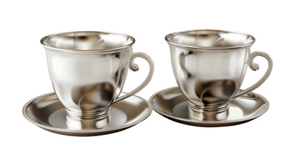 Two silver cups with a silver saucer