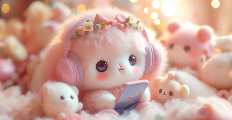 A cute doll sits and listens to music in the bokeh background. copy space