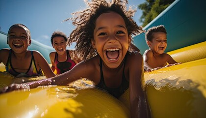 A group of children are joyfully sliding down an inflatable water slide