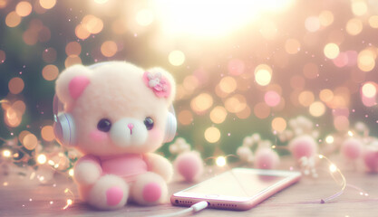 A cute doll sits and listens to music in the bokeh background. copy space - obrazy, fototapety, plakaty