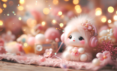 A cute doll sits and listens to music flowers in the bokeh background. copy space