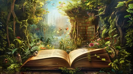 An open book creating a gateway to a fantasy realm with lush greenery and mythical creatures roaming freely © Jenjira