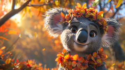 An Adorable Koala Bear Adorned with a Crown of Flowers, Exuding Charm and Beauty. 