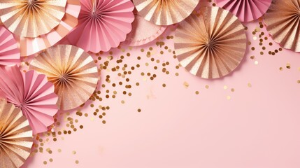 pink and gold confetti paper fan decoration copy space, ai