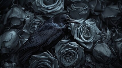 Fototapeta premium Dramatic image of a cluster of black roses with a raven sitting quietly amongst them blending seamlessly into the shadows perfect for a dark fantasy theme