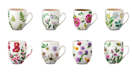 A set of six floral coffee mugs with different designs