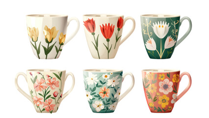 A set of six floral coffee mugs with different designs