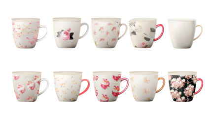 A row of white cups with floral designs on them