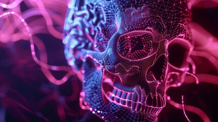 Intricate 3D skull art in wireframe enhanced by dynamic neon lighting and abstract quantum algorithmic patterns