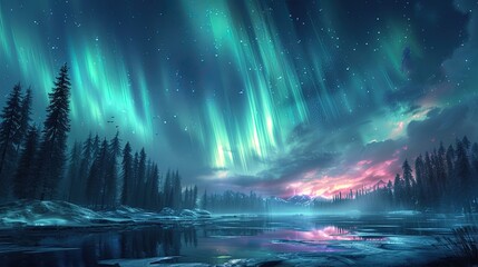 An aurora borealis dances across the northern horizon, a rare celestial spectacle that mesmeriz