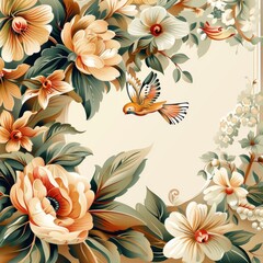 Painting of Flowers and Bird on Beige Background