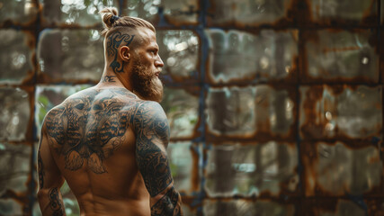 Half-naked pumped-up tattooed bearded heroic guy hair in bun looks sternly to right against background of big large stones. Concept of brutal male ad with space for motivating text